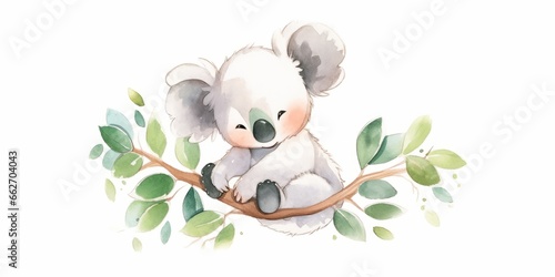 Cute kawaii koala hand drawn watercolor illustration.