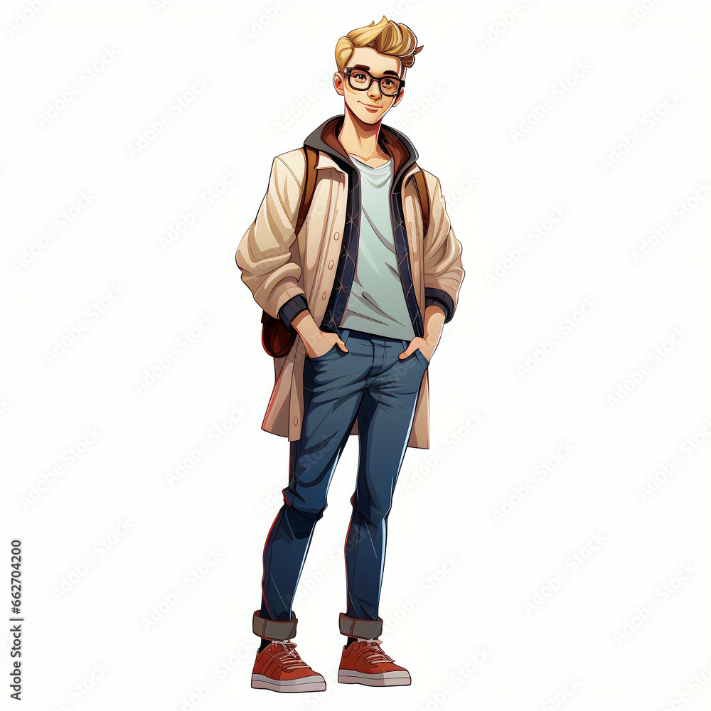 Fototapeta premium Cartoon Character of a Stylish Young Guy in Trendy Attire, Isolated on a Clean White Background.