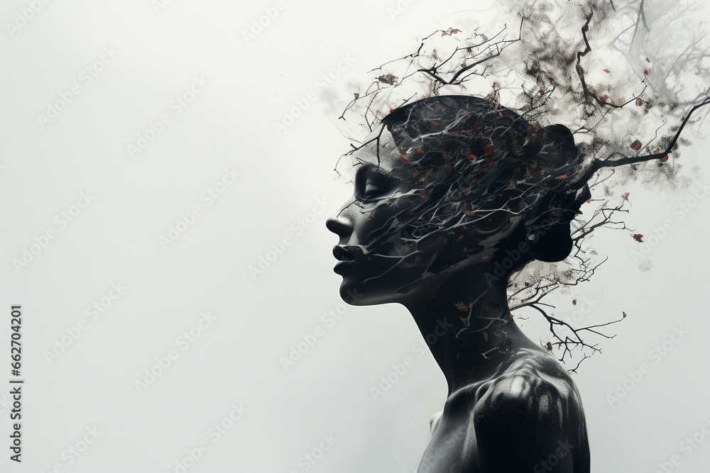 Female with empty tree branches sprouting from her head, symbolizing a metaphor for introspection and renewal during challenging times. Ai generated