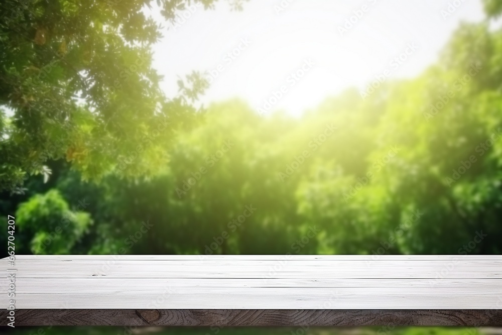 Empty White Wood Table Top with Green Nature Bokeh Background Empty White Wood Table Top with Green Nature Bokeh Background
