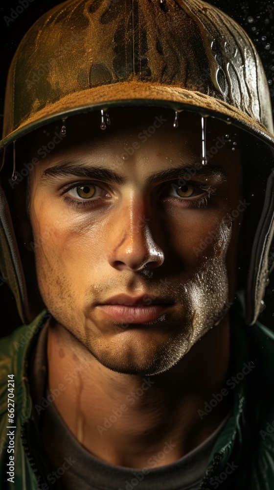Obraz premium A close-up shot of a determined baseball player's face as they focus on hitting the ball hard,