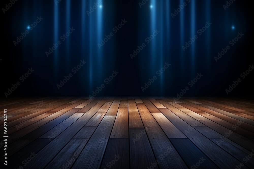 Empty Wooden Floor with Dark Blue Background and Central Light Shine for Product Display Montage