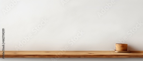 Empty Wooden Shelf on White Wall Background