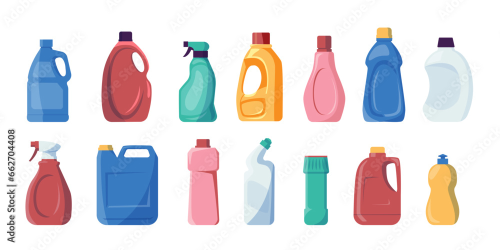 Detergent bottles. Chemical liquid soap and bleach for cleaning, household disinfectant products for housekeeping. Vector laundry chemical tubes set Detergent bottles. Chemical liquid soap and bleach for cleaning, household disinfectant products for housekeeping. Vector laundry chemical tubes set