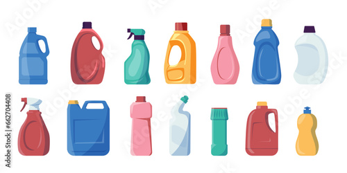 Detergent bottles. Chemical liquid soap and bleach for cleaning, household disinfectant products for housekeeping. Vector laundry chemical tubes set