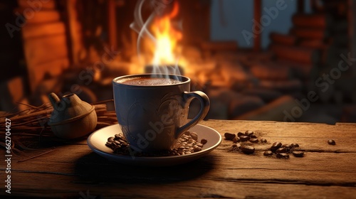 A cozy scene with a coffee mug ultra realistic illustration - Generative AI.
