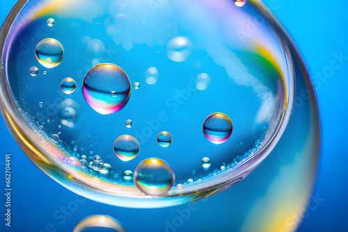 Various soap bubbles on a blue background. Generative AI