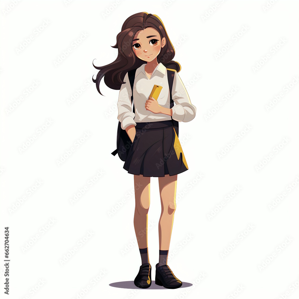 Cartoon Character of Teenage School Girl with Stylish Attire, Isolated on White Background. Cartoon Character of Teenage School Girl with Stylish Attire, Isolated on White Background.