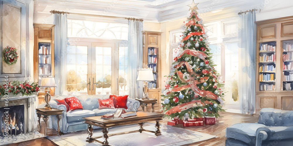 Watercolor illustration of cozy home interior with Christmas tree, fireplace and decor