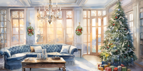 Watercolor illustration of cozy home interior with Christmas tree and decor