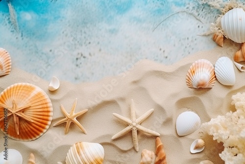 Seashells and Starfish on Sandy Beach with Palm Leaves and Blue Background - Top View