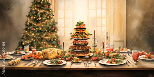 Watercolor illustration of Christmas table with food, Tree in background