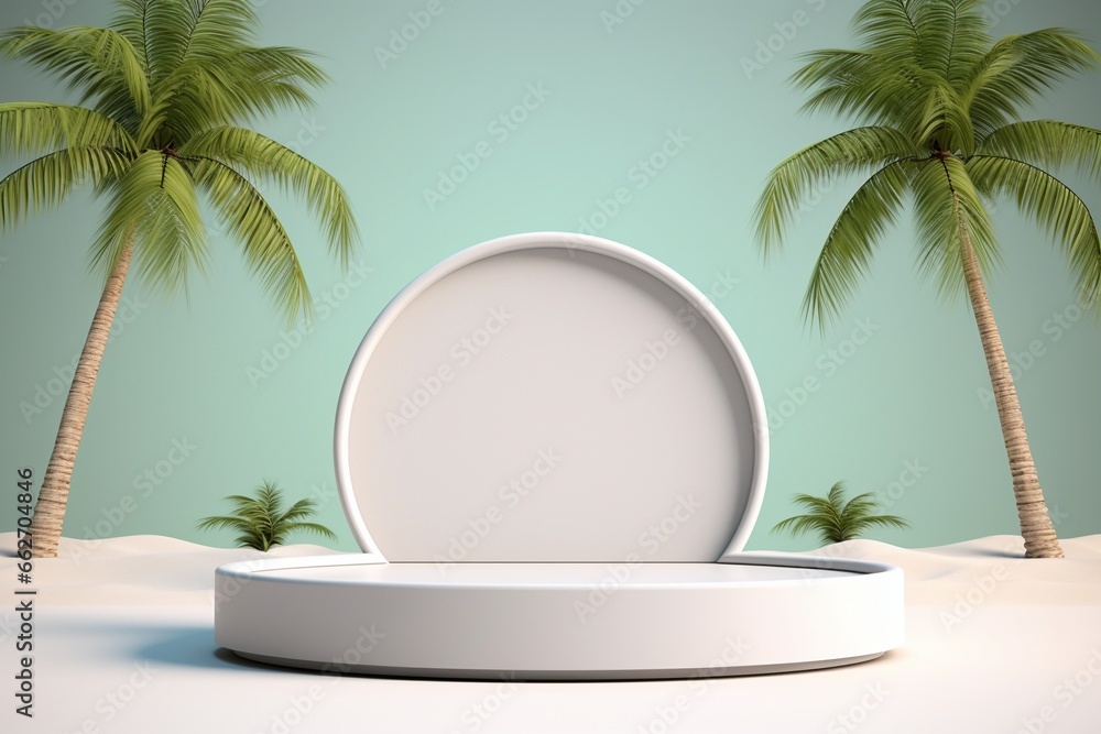 White Round Podium on Sandy Beach with Palm Trees White Round Podium on Sandy Beach with Palm Trees
