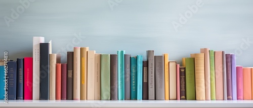 Stacked Colorful Books on White Wooden Table with Blurred Bookshelf Background