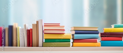 Stacked Colorful Books on White Wooden Table with Blurred Bookshelf Background