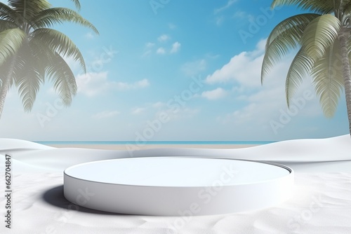 White Round Podium on Sandy Beach with Palm Trees