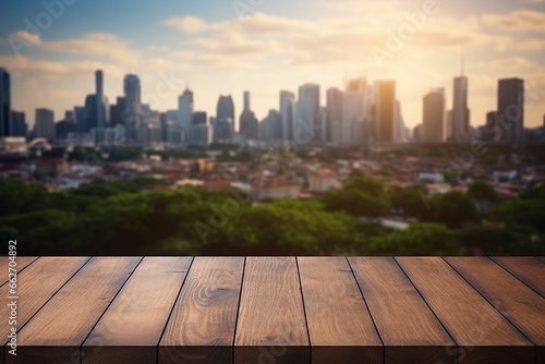 Wood Table Top with City Building Skyline in the Background © pierre