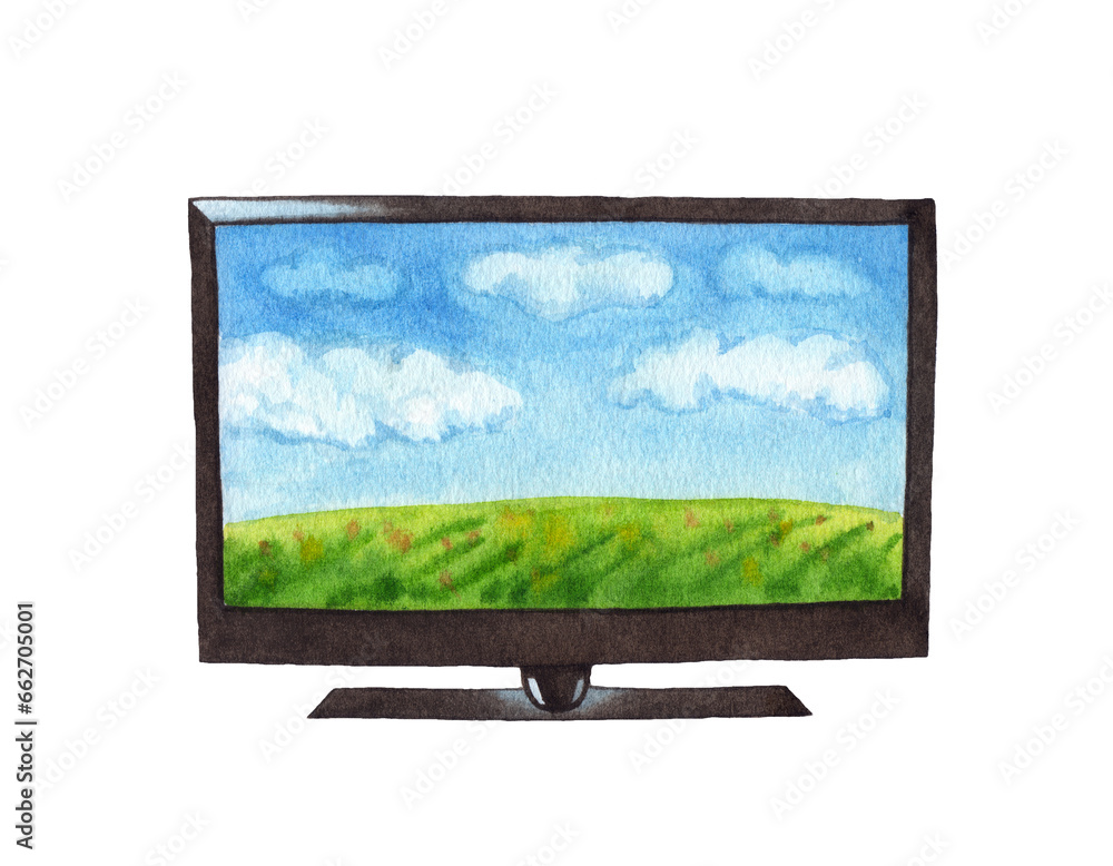 Fototapeta premium Watercolor lcd tv monitor isolated on white background.