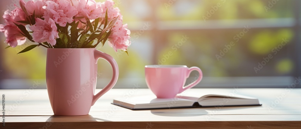 Cozy Wooden Table with Coffee, Book, Pencils, and Vase Cozy Wooden Table with Coffee, Book, Pencils, and Vase