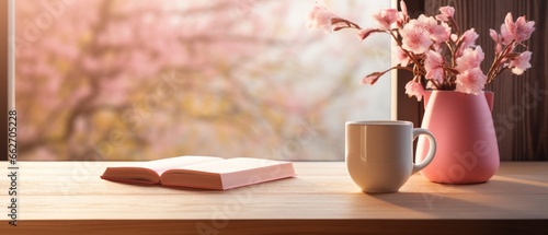 Cozy Wooden Table with Coffee, Book, Pencils, and Vase