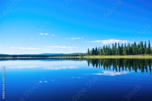 calm lake reflecting clear blue sky