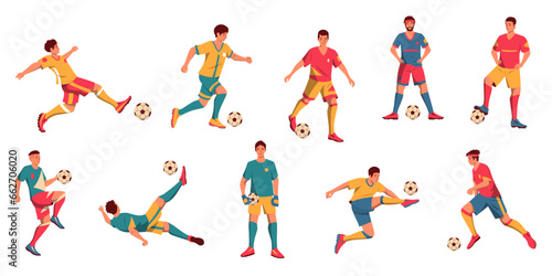 Diverse football players. Cartoon diverse male characters playing football  male athletes in colorful sportswear. Vector collection