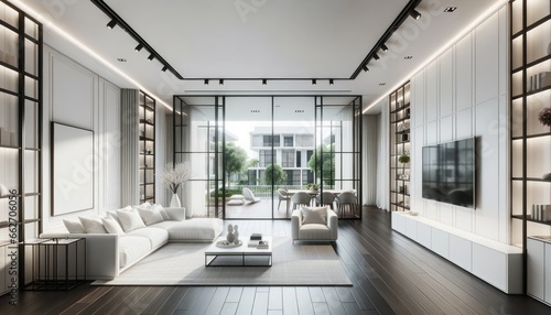 The sleek and modern living room features a stunning glass wall  providing an abundance of natural light that dances upon the crisp white couch and reflective flooring  while the high ceiling and ele