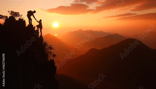 As the fiery sun set behind the rugged mountain peak, a solitary figure guided his companion towards the summit, their silhouettes blending into the vibrant evening sky as they conquered nature's cha