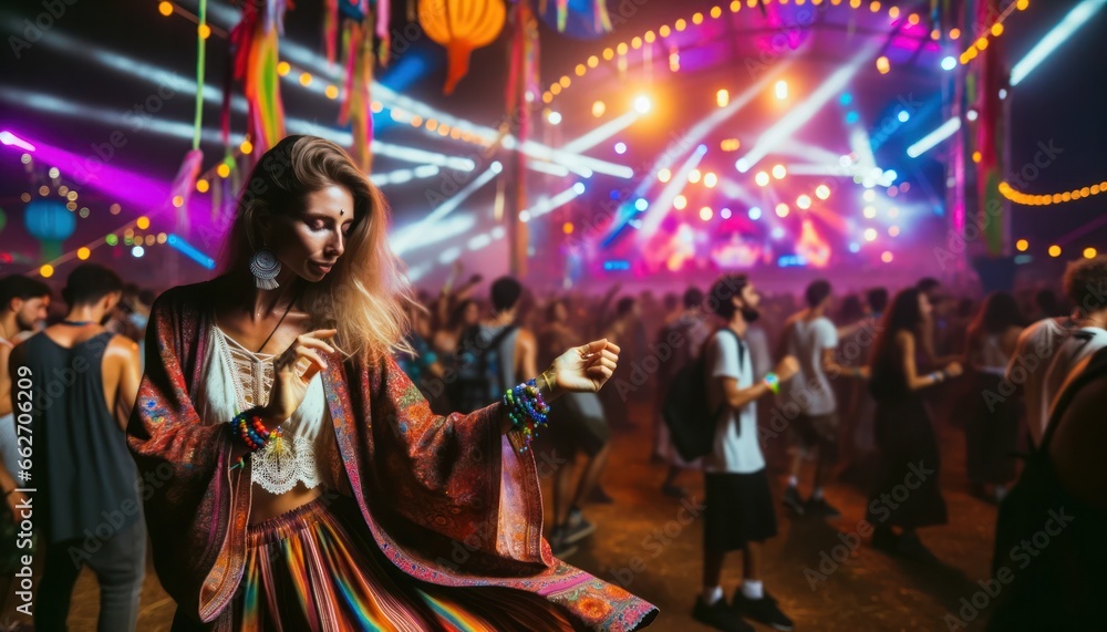 A vivacious woman twirls in a sea of vibrant clothing, lost in the rhythm of the dance at an outdoor festival, surrounded by a jubilant crowd of people reveling in the lively entertainment