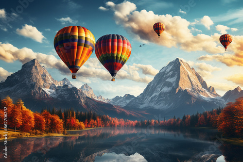 Vivid scene of hot air balloons gracefully drifting through the sky  set against a stunning mountain landscape. Ai generated