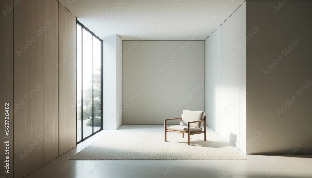 A solitary chair sits in a room, surrounded by white walls and smooth flooring, the light from the window casting shadows on the plaster ceiling, its design a stark contrast to the simplicity of the A solitary chair sits in a room, surrounded by white walls and smooth flooring, the light from the window casting shadows on the plaster ceiling, its design a stark contrast to the simplicity of the