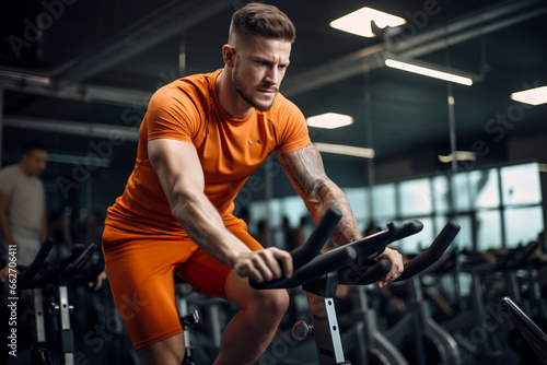 A Side View Of A Male Athlete In Orange T-shirt Riding An Exercise Bike At The Gym