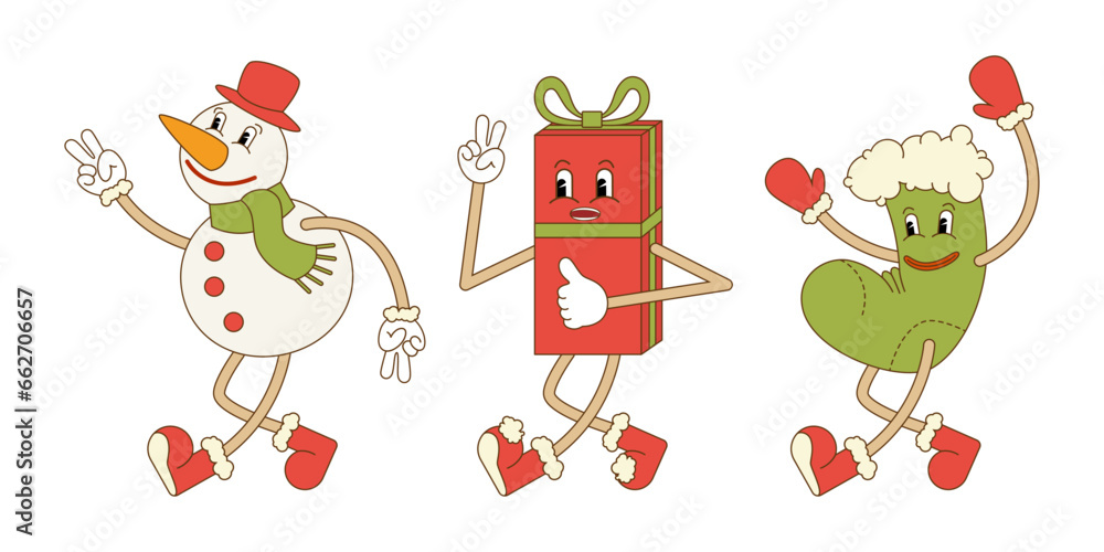 Naklejka premium Trio of cartoon Christmas characters. Snowman, gift, Christmas stocking.Vector illustration in groovy retro style.