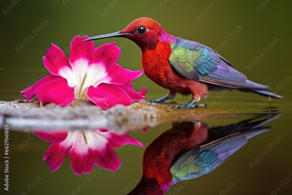 Fototapeta premium hummingbird speaking to its reflection in a flower petal
