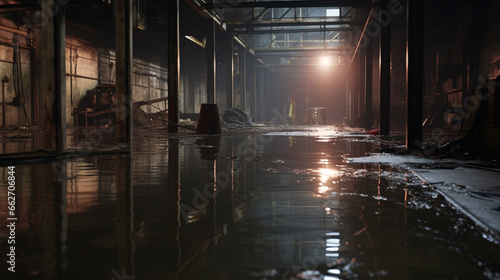Aftermath of a flood inside a warehouse water damaged industrial building
