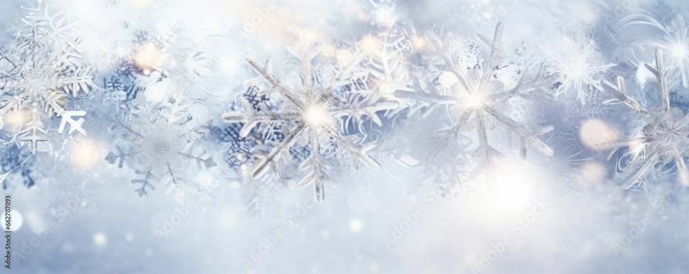 Winter background with beautiful frosty snowflakes. Concept for holiday, celebration, New Year's Eve	