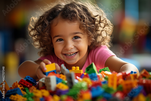 Joyous moment of a kid engrossed in play, creating a world of wonder with vibrant and colorful lego pieces. Ai generated