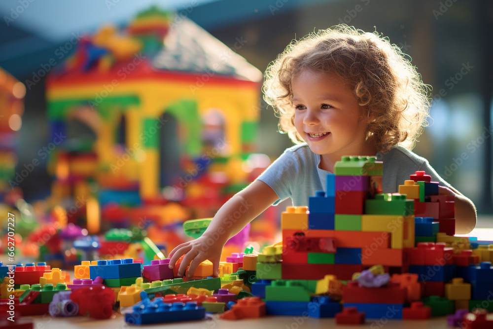 Joyous moment of a kid engrossed in play, creating a world of wonder with vibrant and colorful pieces. Ai generated Joyous moment of a kid engrossed in play, creating a world of wonder with vibrant and colorful pieces. Ai generated