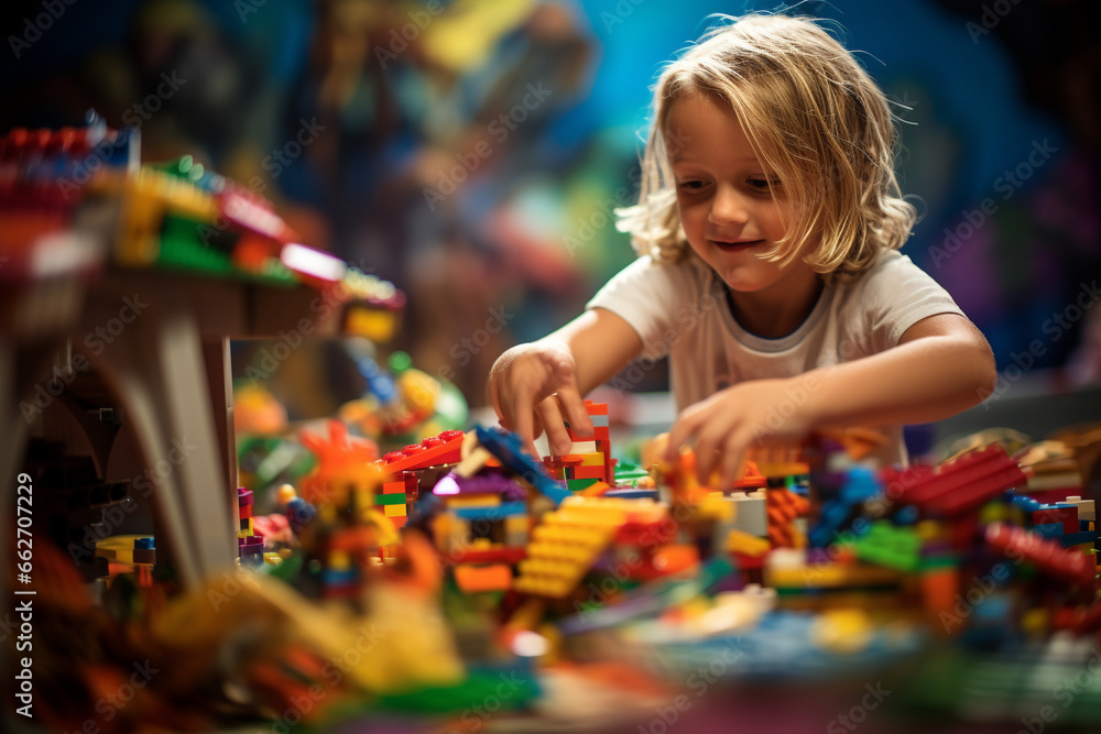 Joyous moment of a kid engrossed in play, creating a world of wonder with vibrant and colorful lego pieces. Ai generated