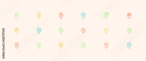 Cute line doodle map location pin icons set. Vector illustration in graffiti Japanese sketch style. Wifi, post office, restaurant, delivery, gym, university, doctor, store pinpoint