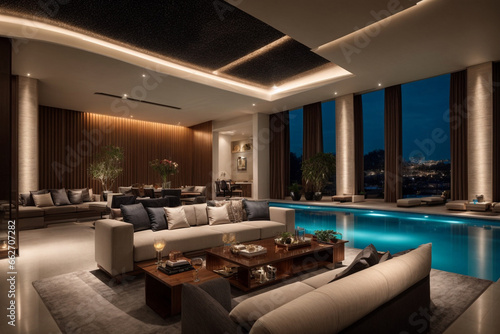 modern interior luxury drawing room, elegant sofa set table, outer swimming pool night view
