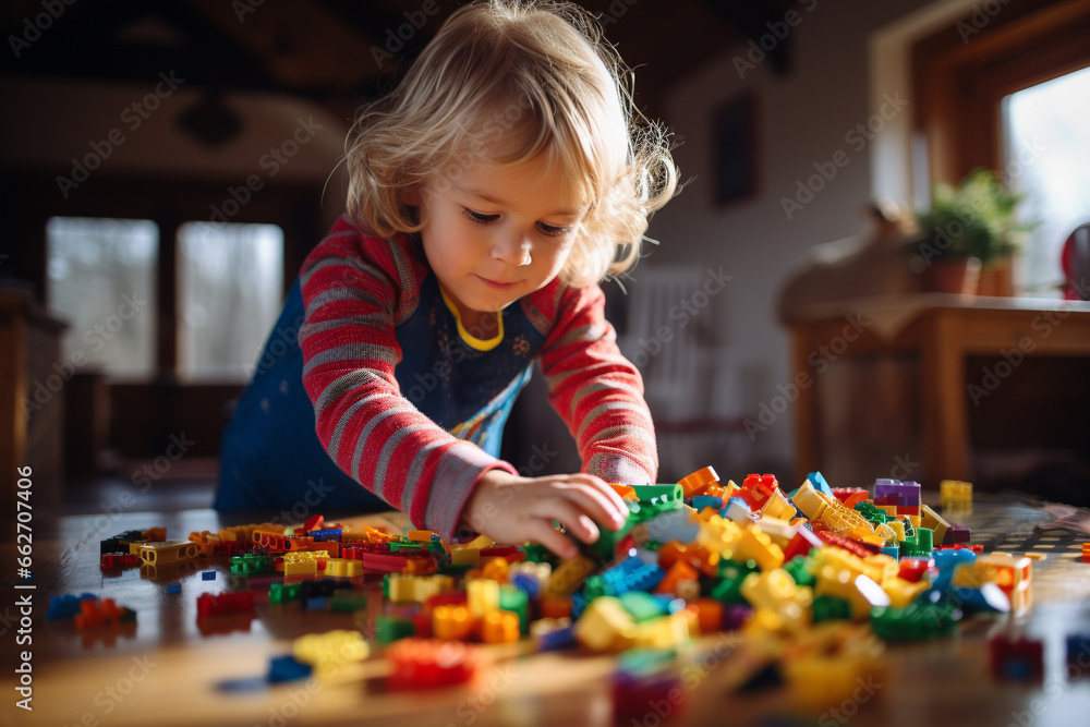 Joyous moment of a kid engrossed in play, creating a world of wonder with vibrant and colorful pieces. Ai generated Joyous moment of a kid engrossed in play, creating a world of wonder with vibrant and colorful pieces. Ai generated