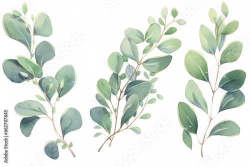 Green leaf eucalyptus branches hand drawn watercolor illustration.