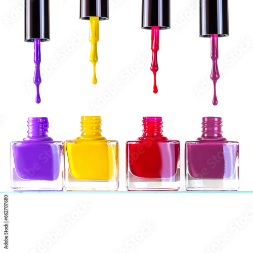 Group of bright colorful nail polish bottles set of different colors on white background, with dripping and brush. Abstract manicure and make up background