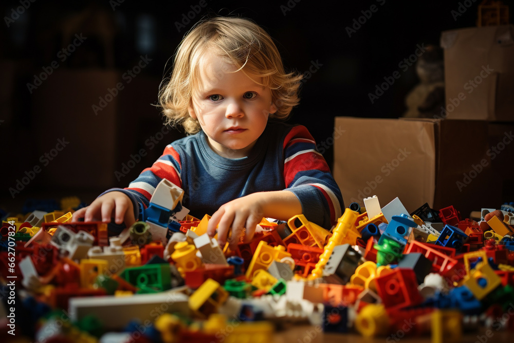 Joyous moment of a kid engrossed in play, creating a world of wonder with vibrant and colorful pieces. Ai generated Joyous moment of a kid engrossed in play, creating a world of wonder with vibrant and colorful pieces. Ai generated