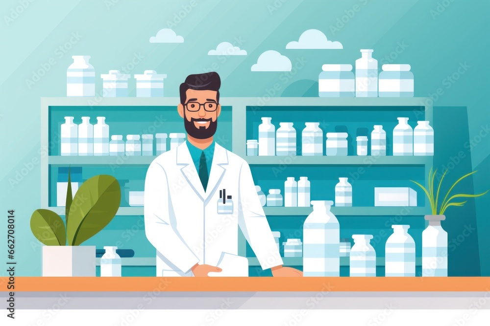 Illustration of a male pharmacist at a pharmacy Illustration of a male pharmacist at a pharmacy