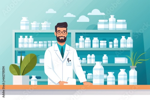 Illustration of a male pharmacist at a pharmacy photo
