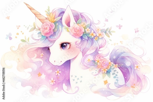 Cute fairy unicorn hand painted watercolor illustration.