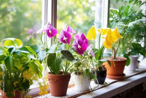 variety of flowering houseplants on a window sill