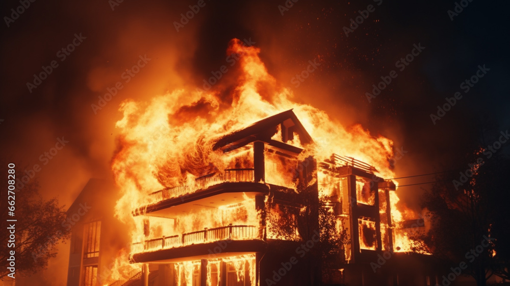Burning commercial building engulfed in flames Burning house upper floor and ascending black smoke